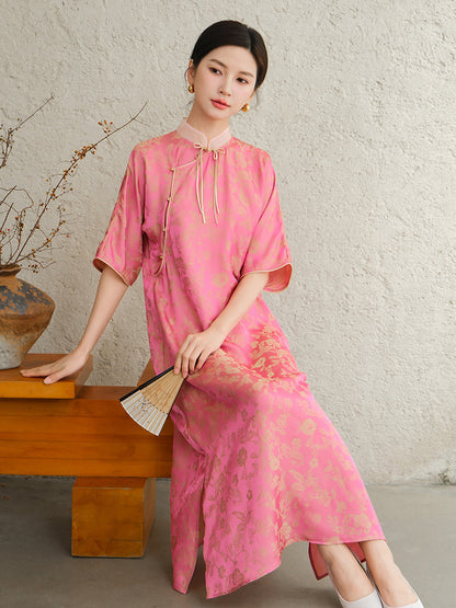 Lockeres Cheongsam-Qipao-Kleid aus Jacquard in Rosa