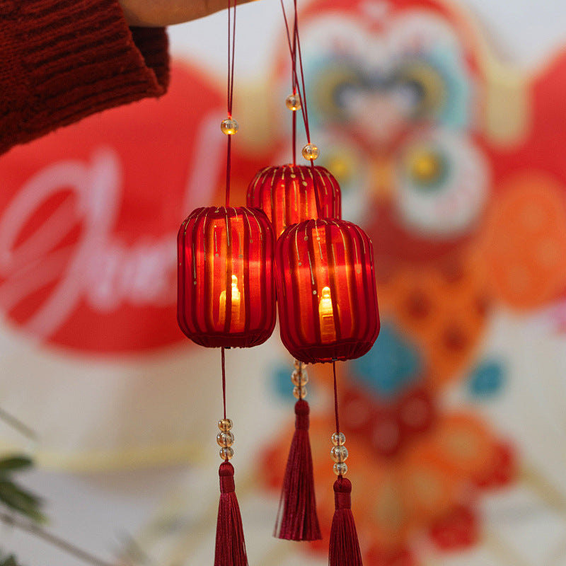 Festive Red Fabric Lantern with LED Light and Tassels