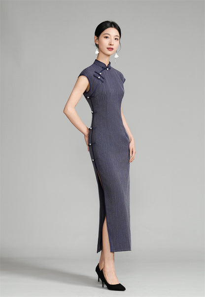 Cap Sleeve Qipao Dress With  Pinstripe pattern