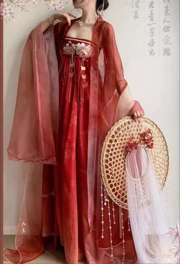 Rotes HanFu-Kleid aus der Tang-Dynastie mit Blumenmuster