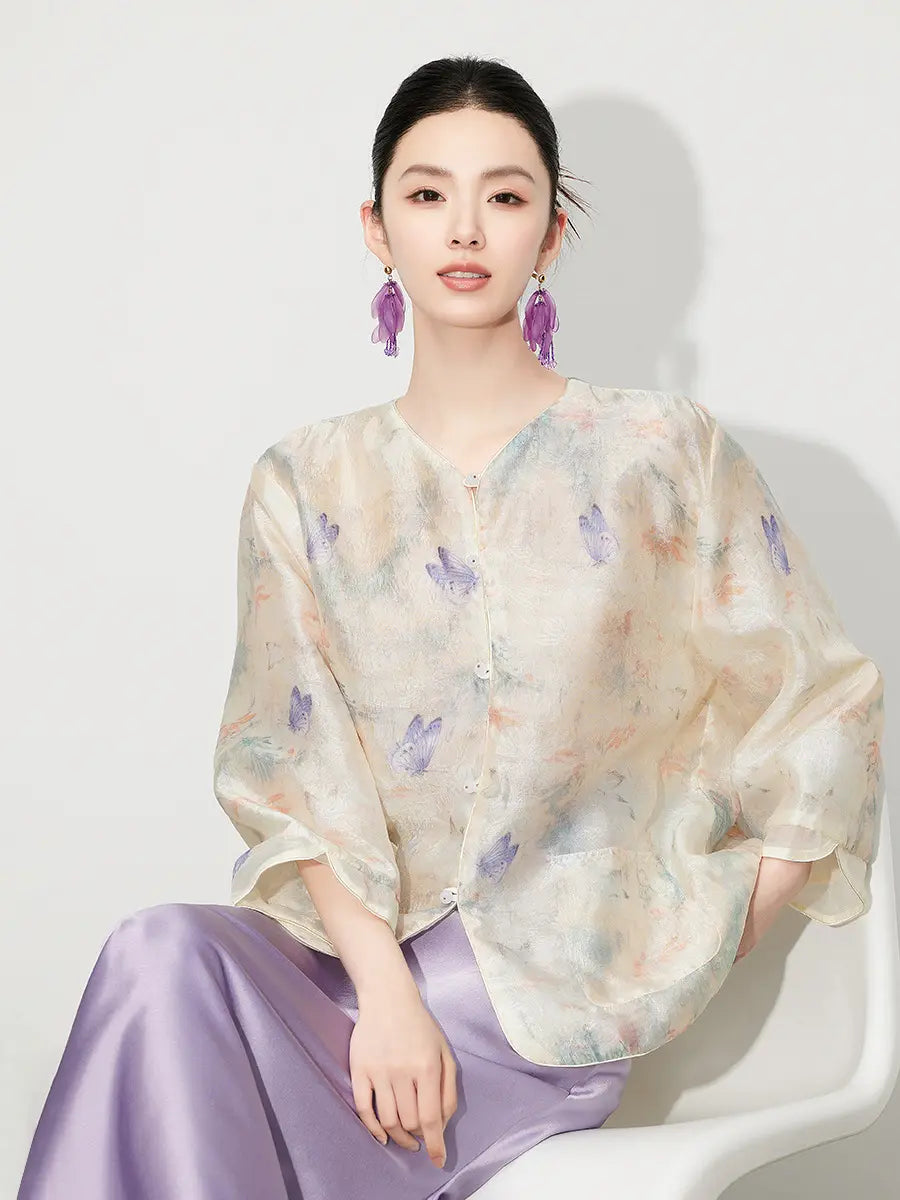 Neues Set aus transparentem Oberteil und lila Rock im chinesischen Stil mit Schmetterlingsmotiv