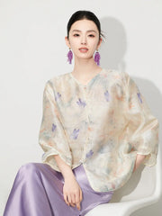 New Chinese Style Butterfly Sheer Top & Lilac Skirt Set