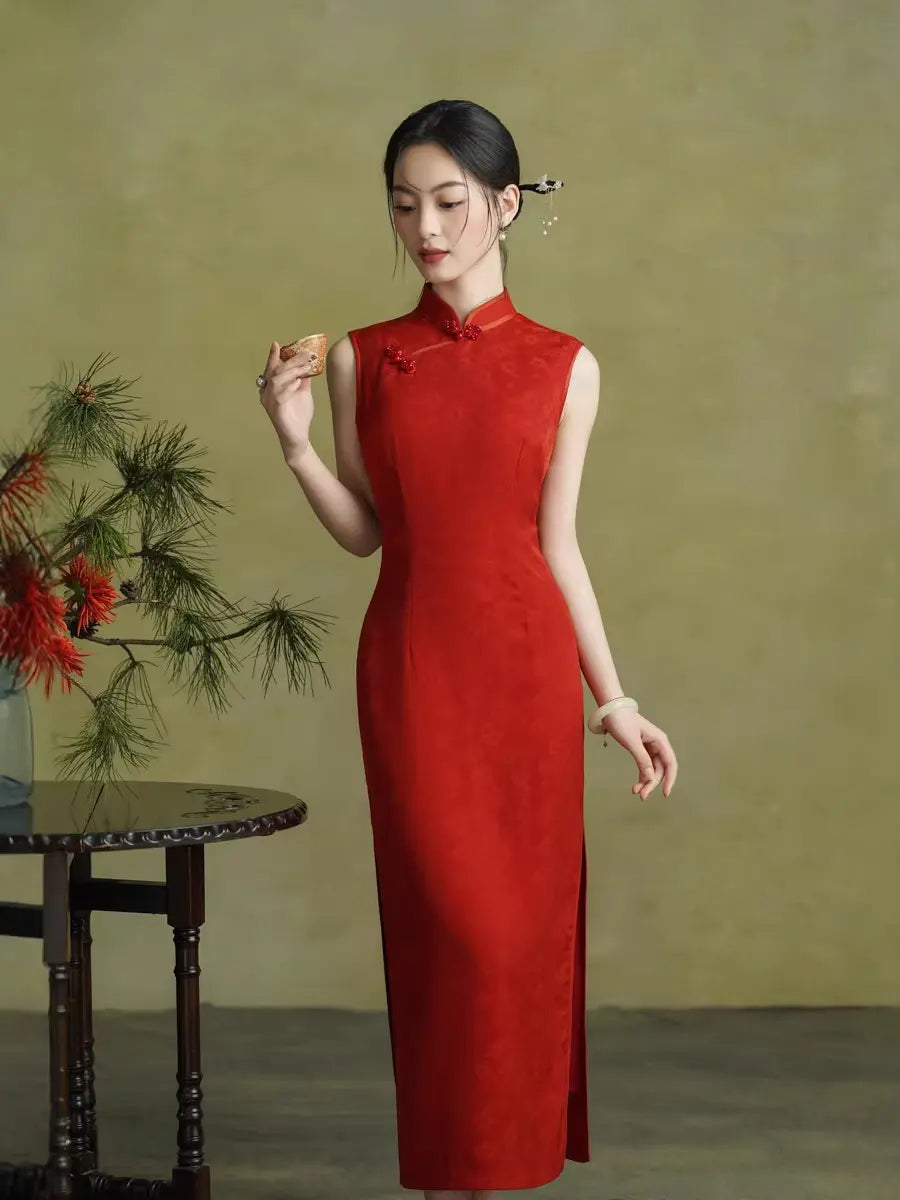 Rotes ärmelloses Jacquard-Qipao-Cheongsam-Kleid | Crimson Bliss