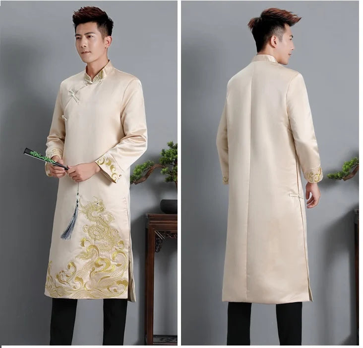 Traditional beige Dragon Embroidered Men's Tang Jacket – Traditional Chinese Groom/Best Man Outfit worn by a person on a gray background