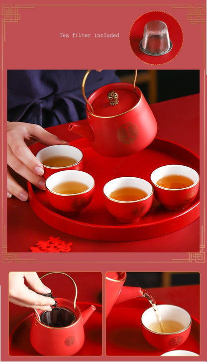 red double happiness tea set
