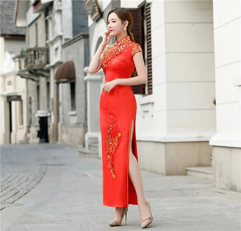 Red Bridal Qipao Cheongsam with Golden Flower | Chinese Wedding Dress Oriental Me Red Bridal Qipao Cheongsam with Golden Flower | Chinese Wedding Dress Oriental Me