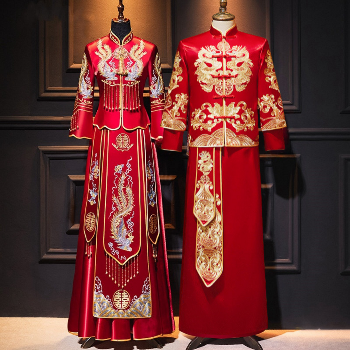 traditional red phoenix wedding qun kwa dress and dragon tang suit set