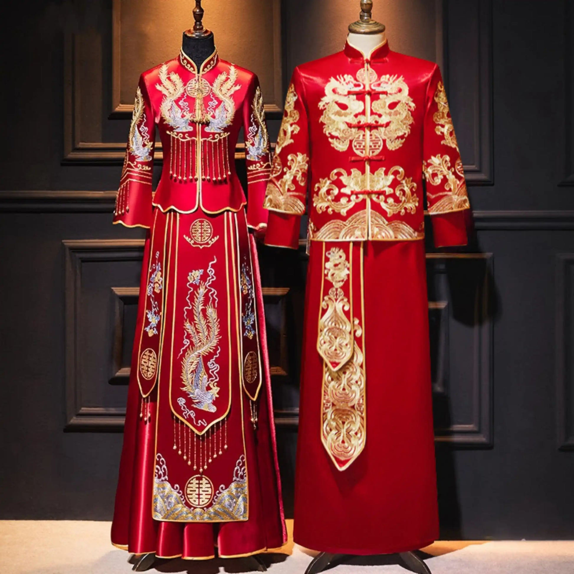 Red Traditional  Chinese Wedding Dress  phoenix  Qun Kwa for bride and dragon magua suit for groom