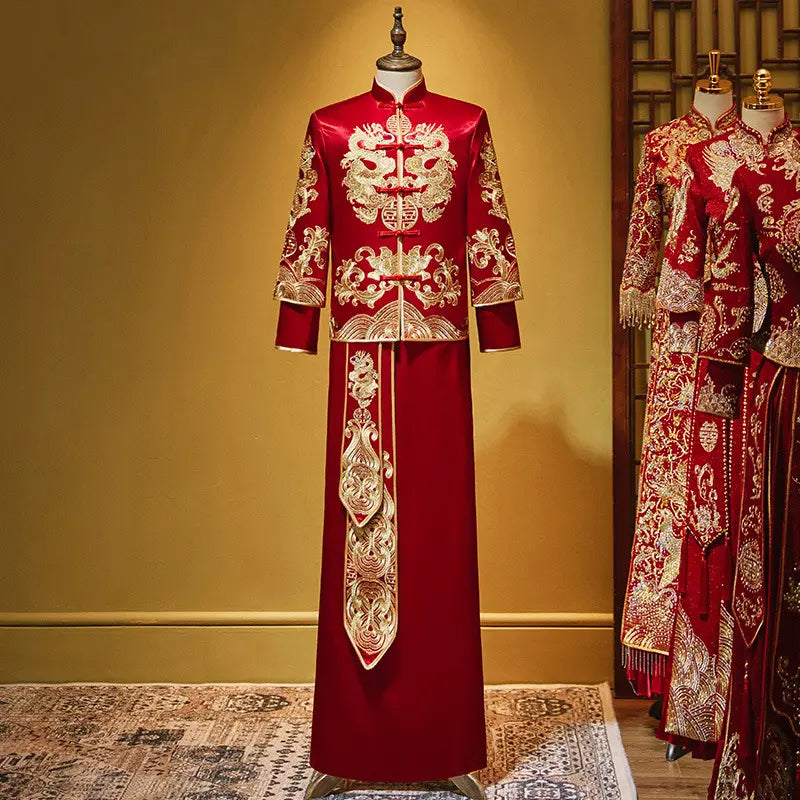 Red Traditional  Chinese Wedding  dragon magua tang suit for groom