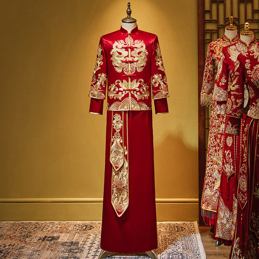 Traditional Red Groom Dragon Tang Suit (Ma Gua)| Blissful