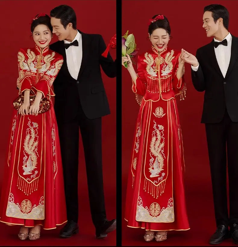 Red Traditional  Chinese Wedding Dress  phoenix  Qun Kwa for bride 