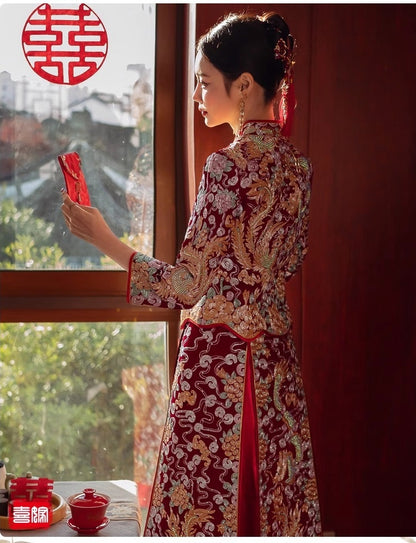  red traditional chinese wedding bridal dragon phoenix qun kwa dress