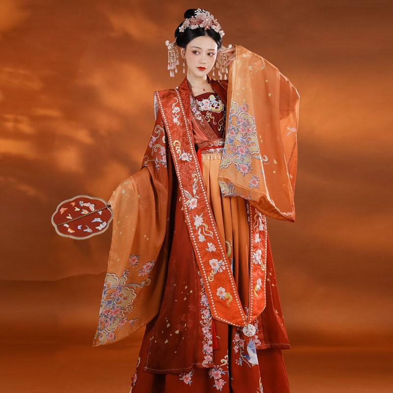 model in Red bridal wedding song hanfu sitting posting