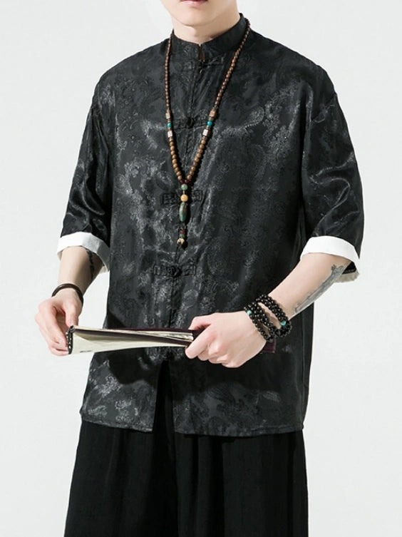 Men's Ice Silk Half-Sleeve Tang Suit Summer Shirt