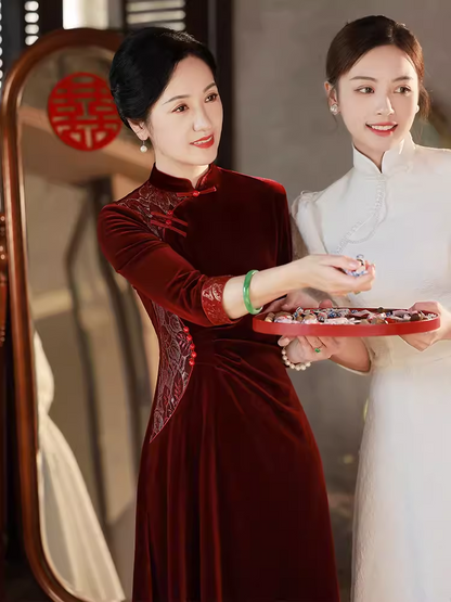 Long Sleeves A-Line Velvet Qipao