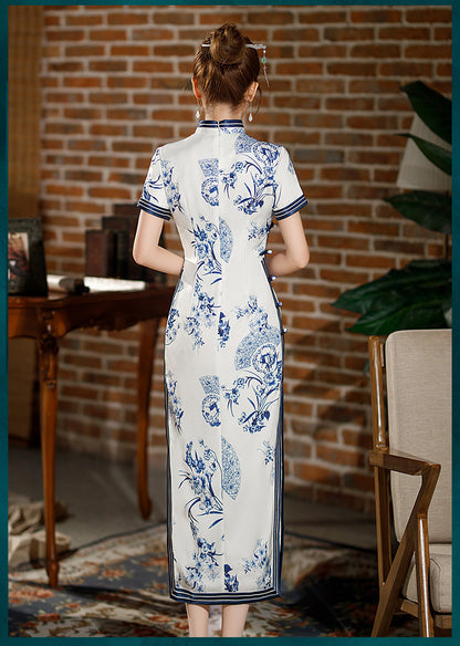 Model in Blue white floral qipao dress back