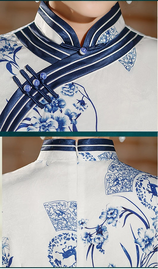 Model in Blue white floral qipao dress details