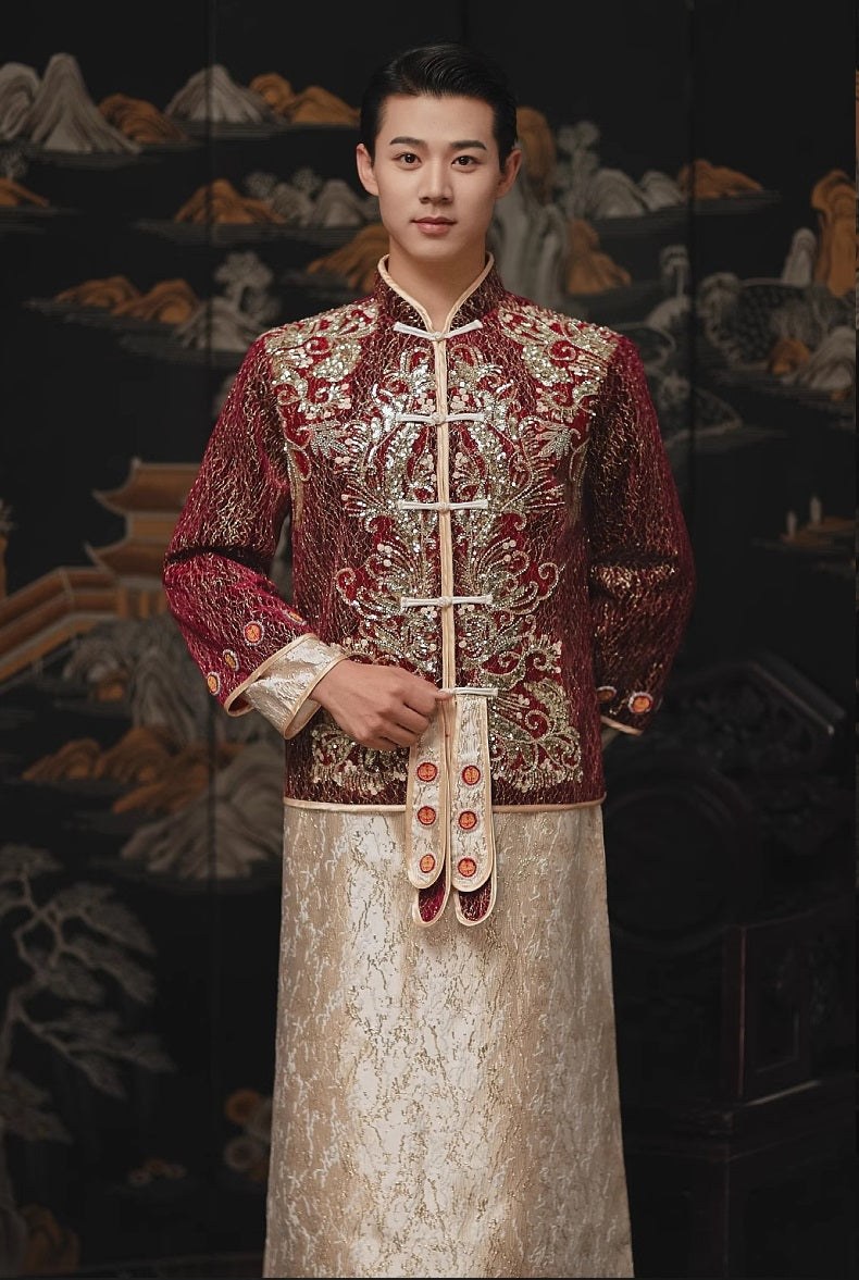 model in traditional chinese Burgundy Gold Groom Tang suit Ma Gua