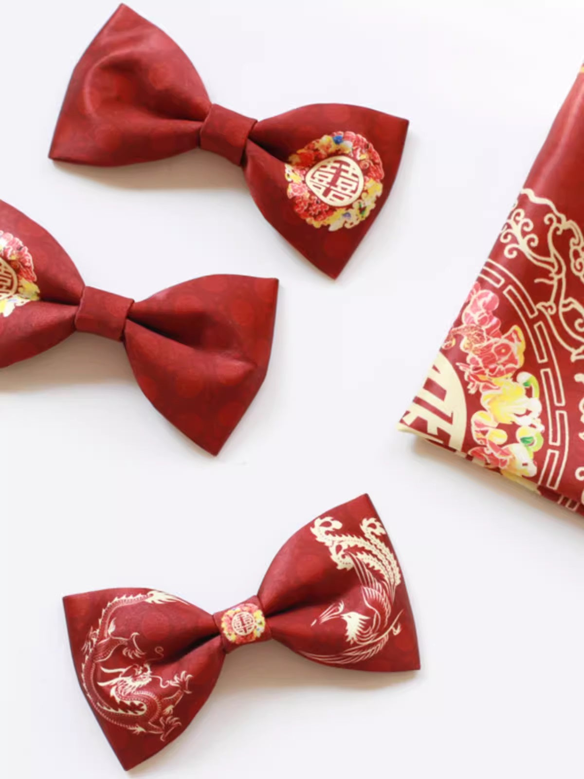 Dragon Phoenix double happiness bowtie and pocket square