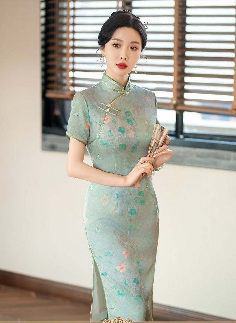 Chinese Short Sleeves Green floral qipao cheongsam dress