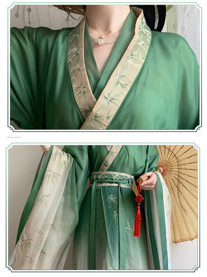 model in green bamboo leaves print hanfu details