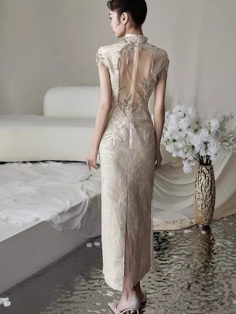 Model in ivory white floral fringe qipao cheongsam dress