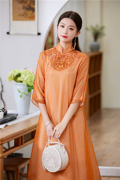 orange modern loose qipao dress