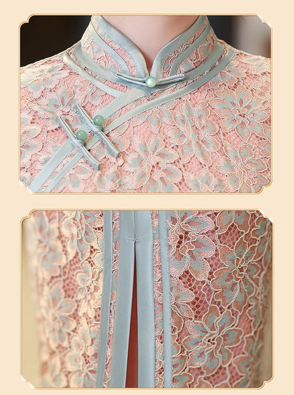 Pink Green Lace Qipao Cheongsam Dress