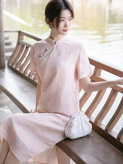 Pink Ramie Loose Cheongsam Qipao Dress