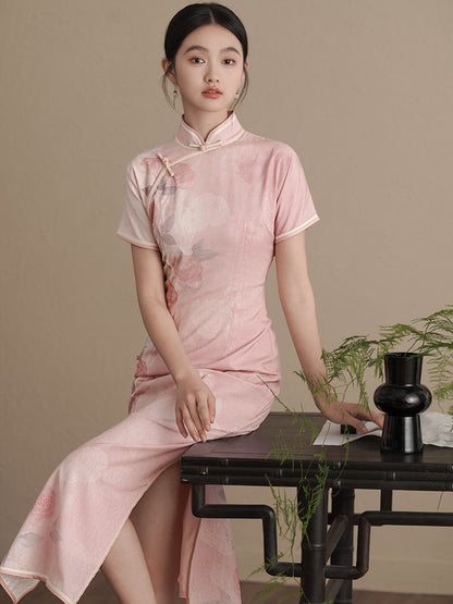 Short  Sleeves pink rose printed qipao cheongsam dress full length model sitting