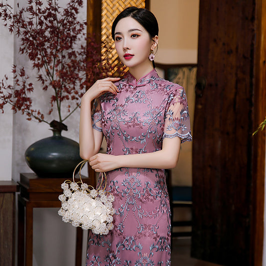 Modern Chinese Purple floral a line lace qipao cheongsam 1