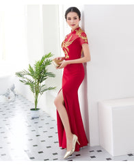 Red Chinese wedding bridal floor length mermaid qipao