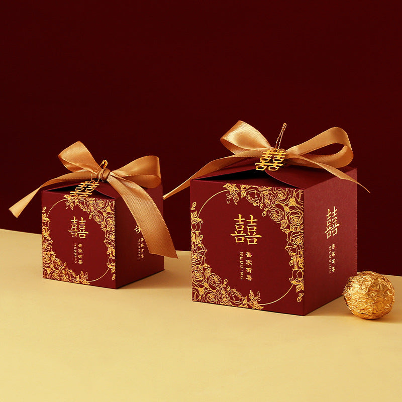 Red Golden double happiness favor box with gold foil floral print