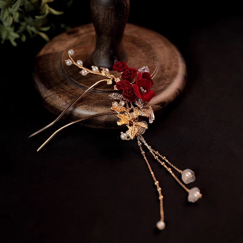 Red and Golden Floral Roses Pearl  Hair Pin