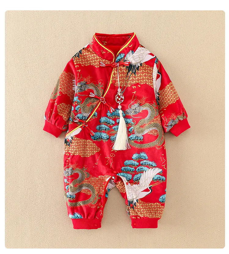 red traditional chinese Red Long Sleeves Baby Romper