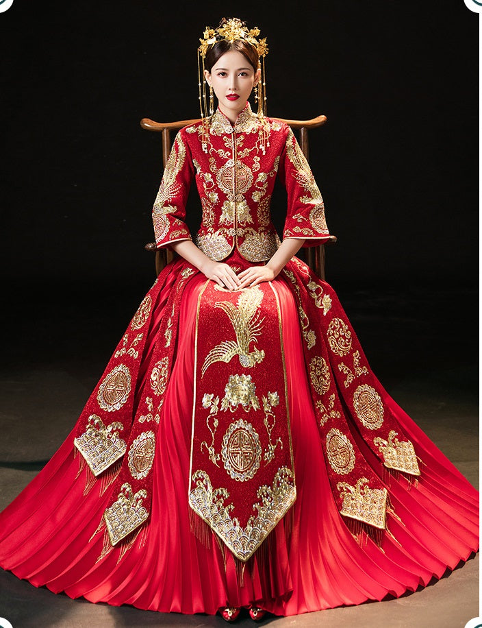 Red chinese wedding phoenix qun gua dress