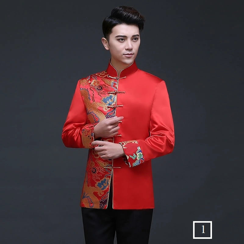 Traditional Red Golden Dragon Mandarin Tang Jacket for Groom