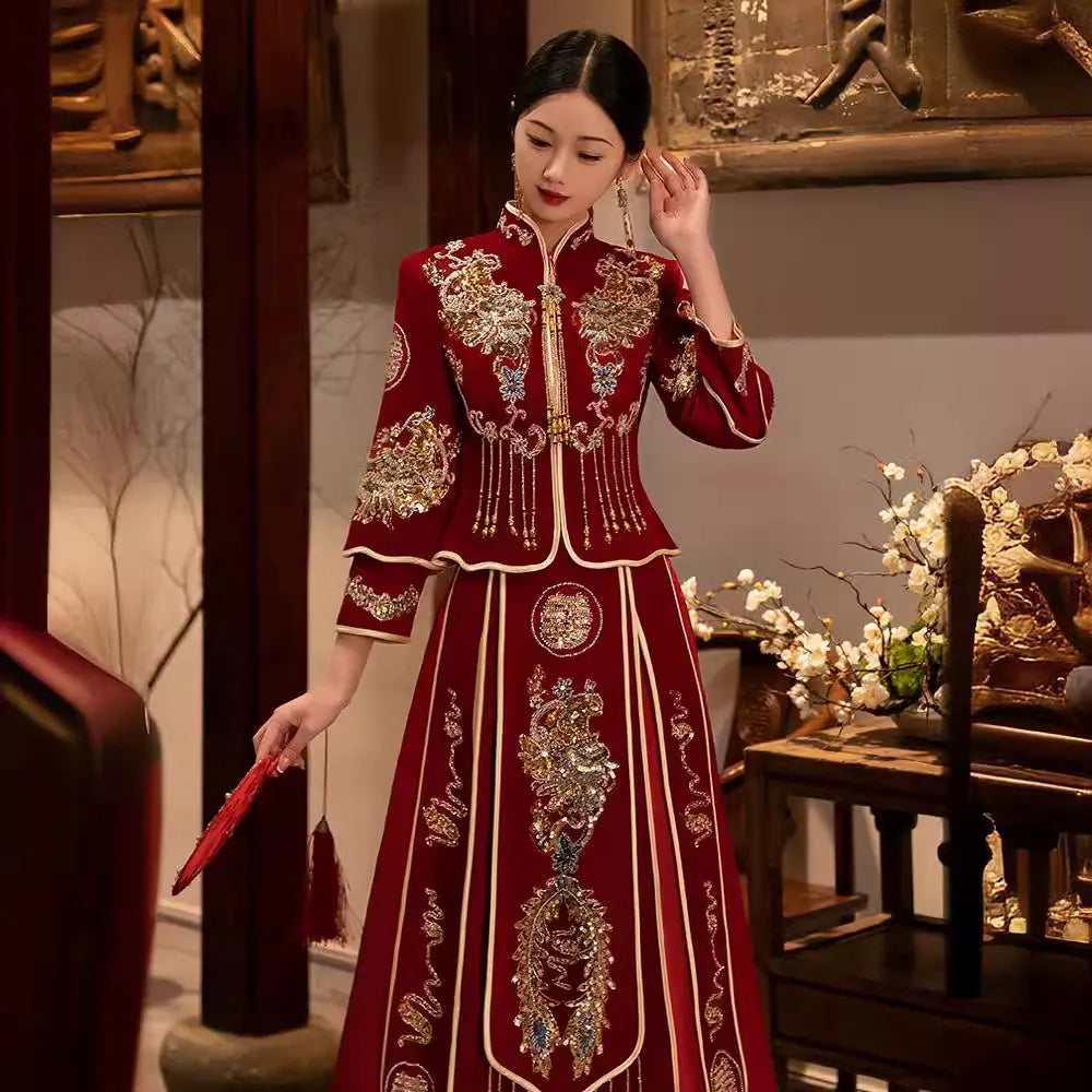 Custom Velvet Qun Kwa Wedding Dress – “Joy” | Chinese Bridal Dress