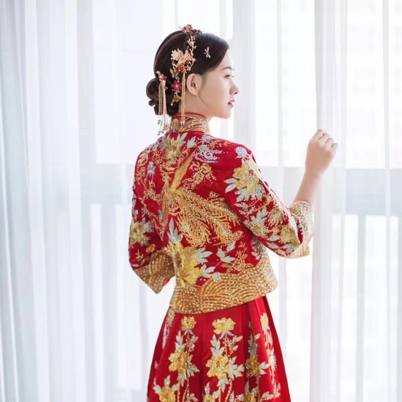 Traditional chinese bridal gold and red  hair pieces