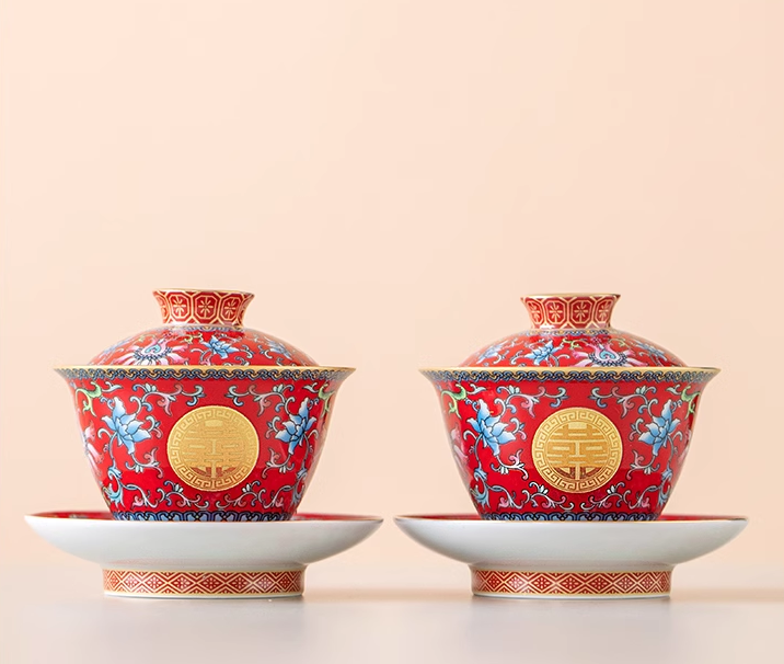 Traditional chinese double happiness floral tea cups