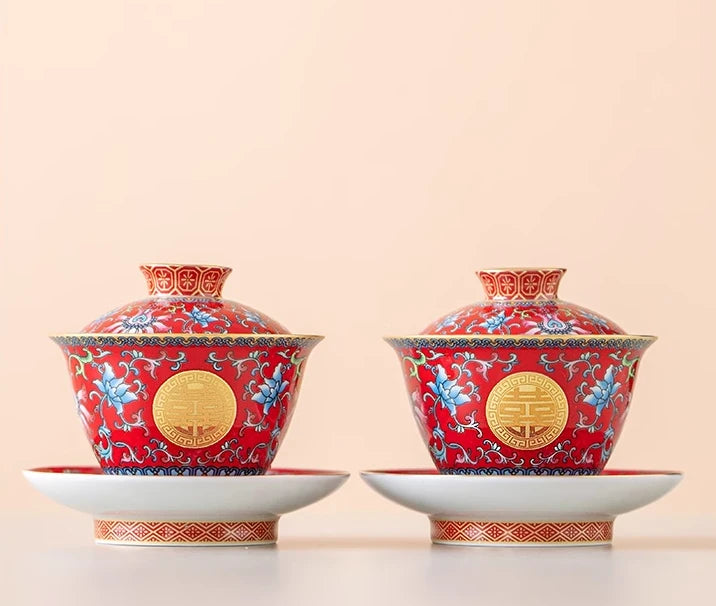 Floral Double Happiness Wedding Tea Set for chinese wedding tea ceremony
