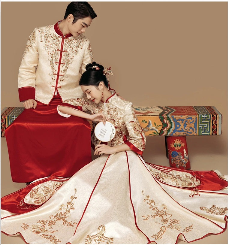 Red and gold traditional chinese wedding qun kwa dress and tang jacket ma gua set