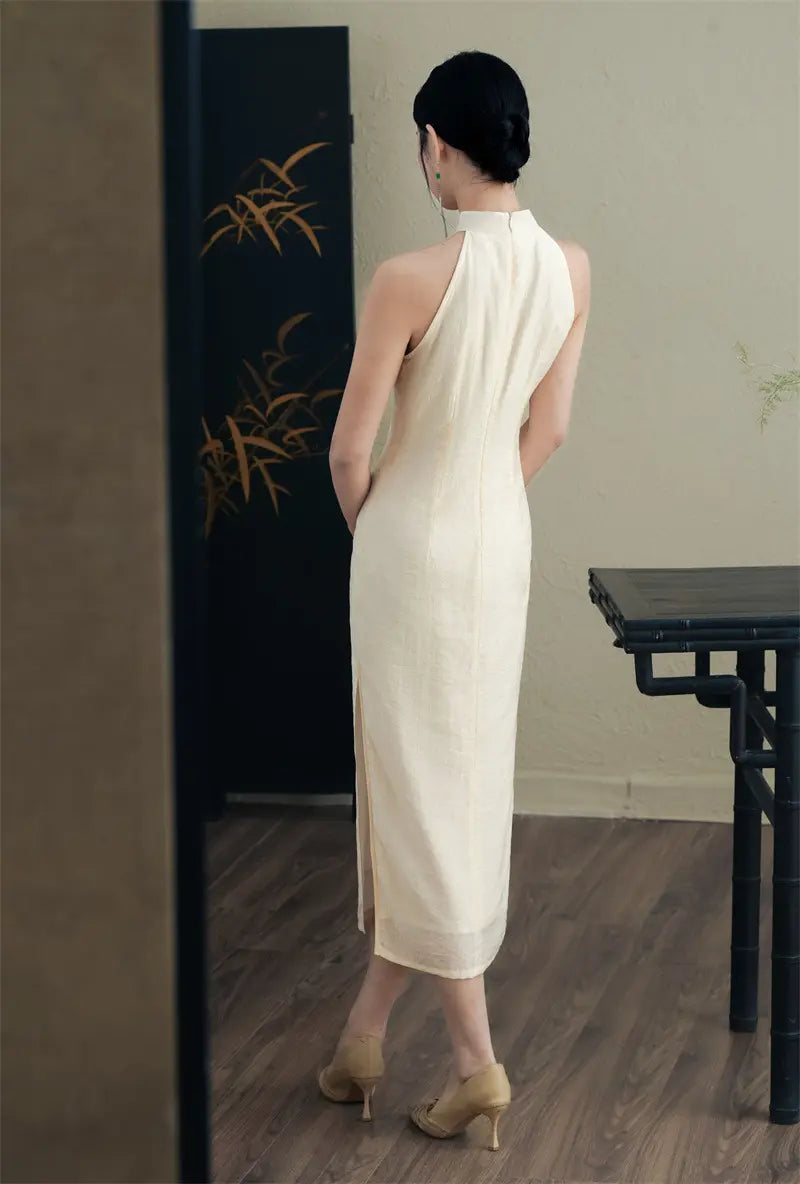 Ivory White Halter Neck Midi Cheongsam Qipao Dress