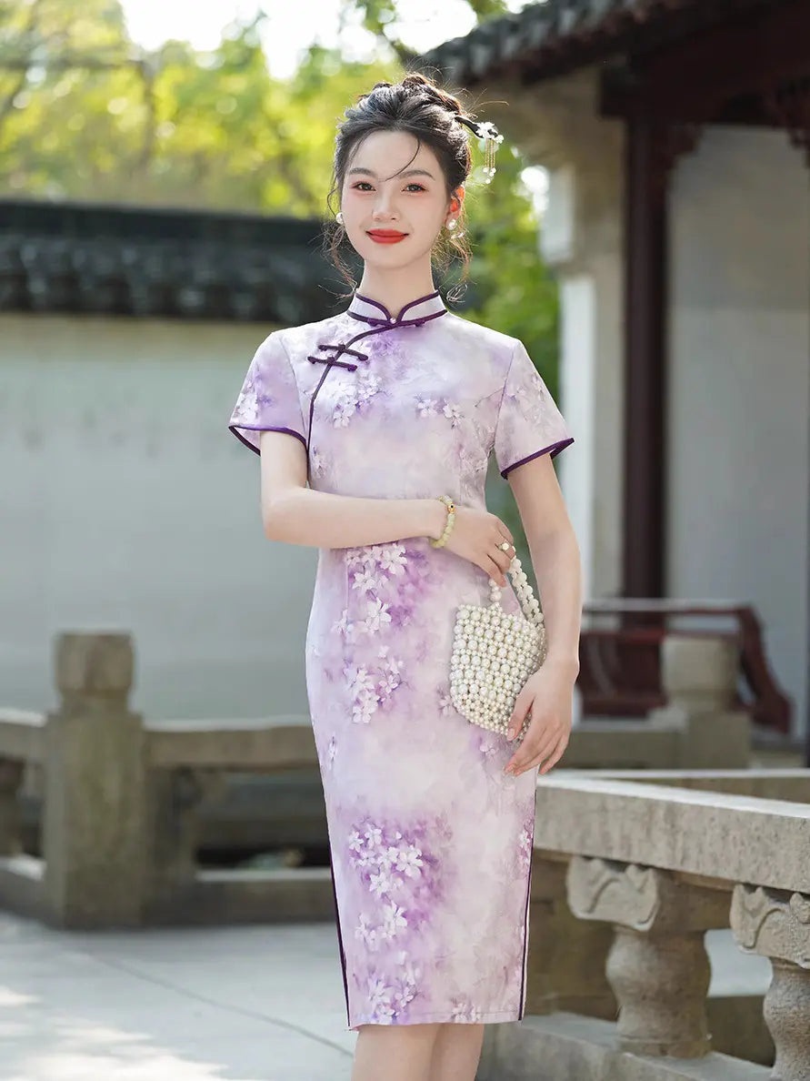 Blue & Purple Watercolor Floral Qipao Dress