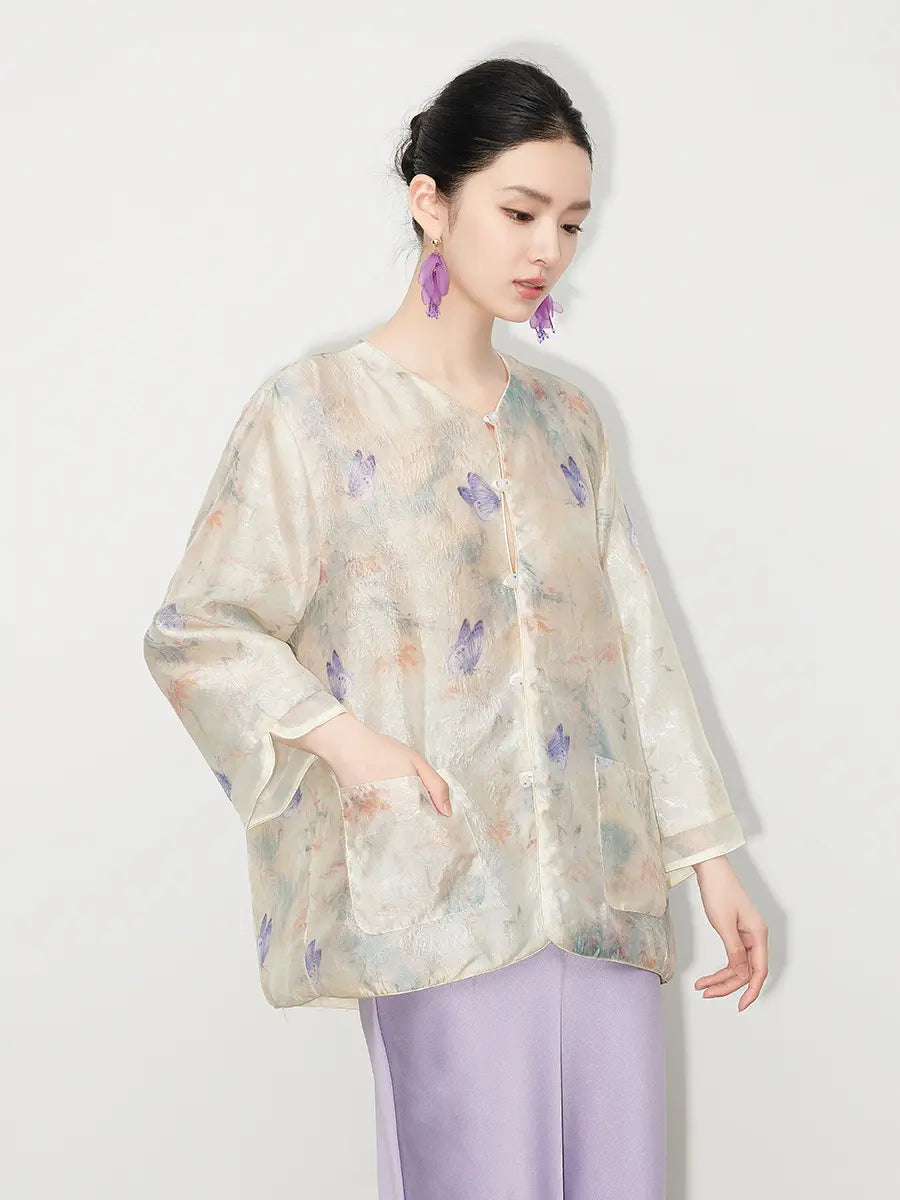 Neues Set aus transparentem Oberteil und lila Rock im chinesischen Stil mit Schmetterlingsmotiv