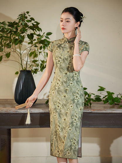 Mute Green Floral Silk Qipao Dress | Daisy