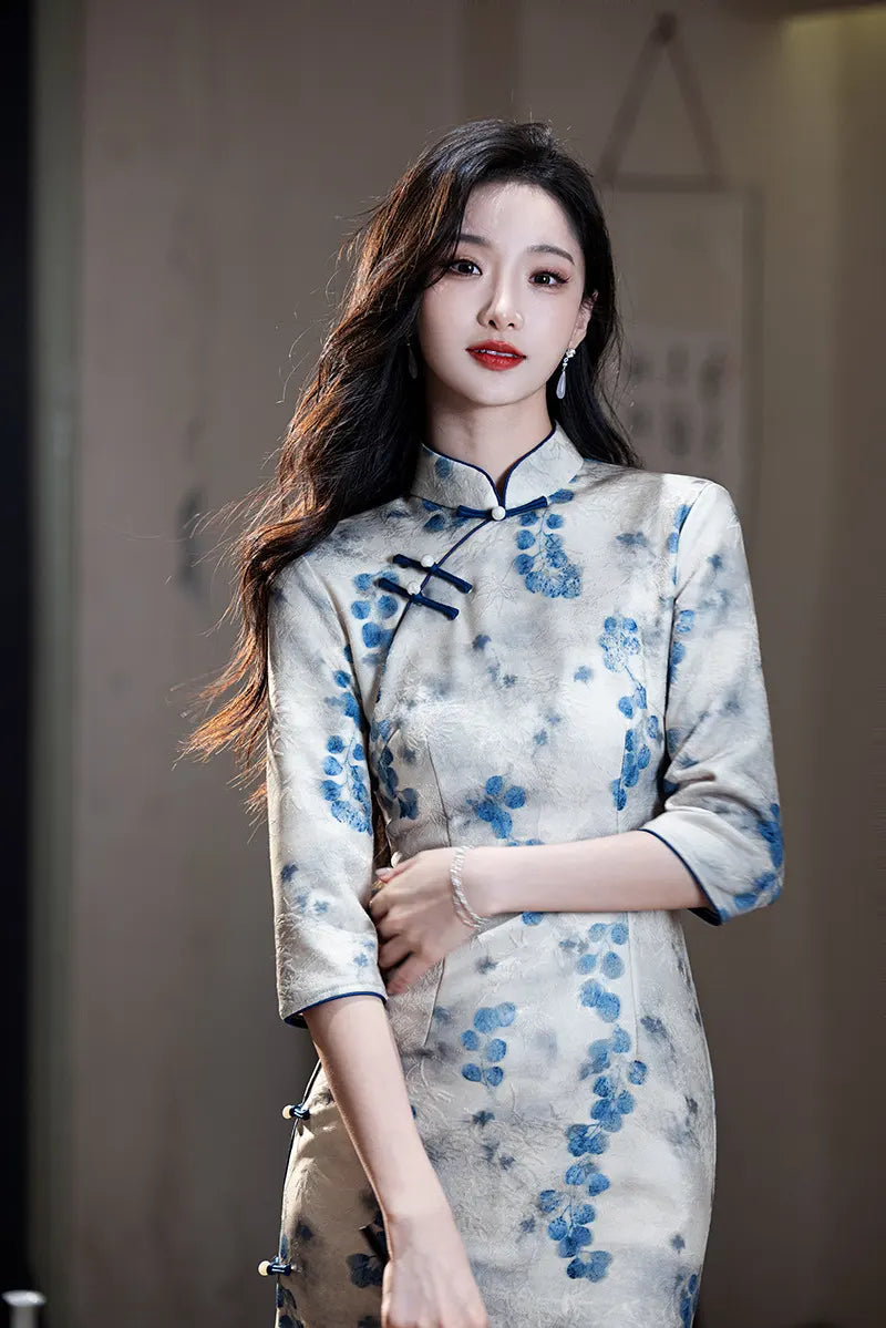 Blue/Green Plum Blossom Long Sleeves Qipao Cheongsam Dress