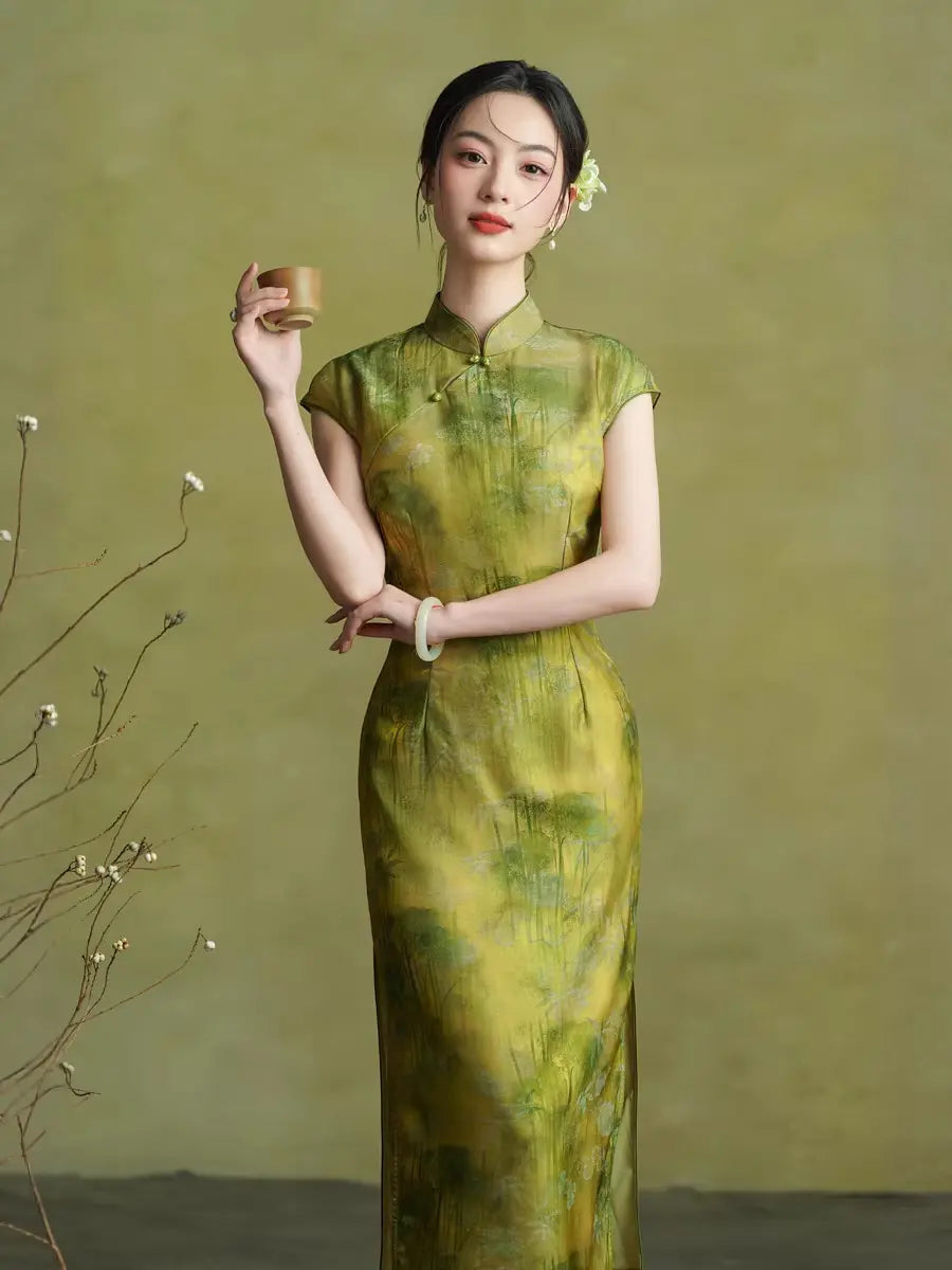 Vintage Green Bamboo Forest Cap Sleeve Qipao Dress
