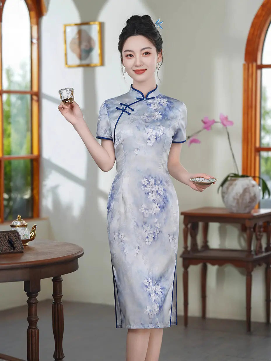 Blue & Purple Watercolor Floral Qipao Dress