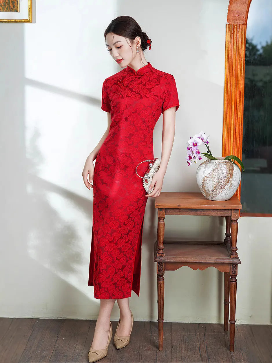 Red Jacquard Qipao Cheongsam Dress | Rose Whisper